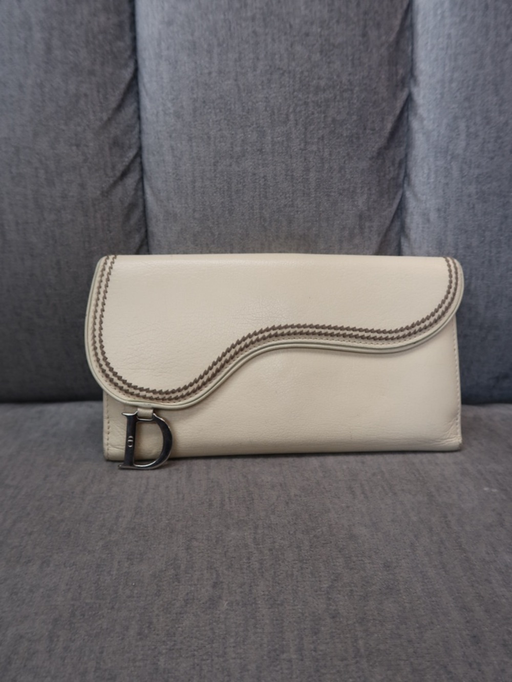 Dior Cream Leather Clutch with Brown Contrast Trim